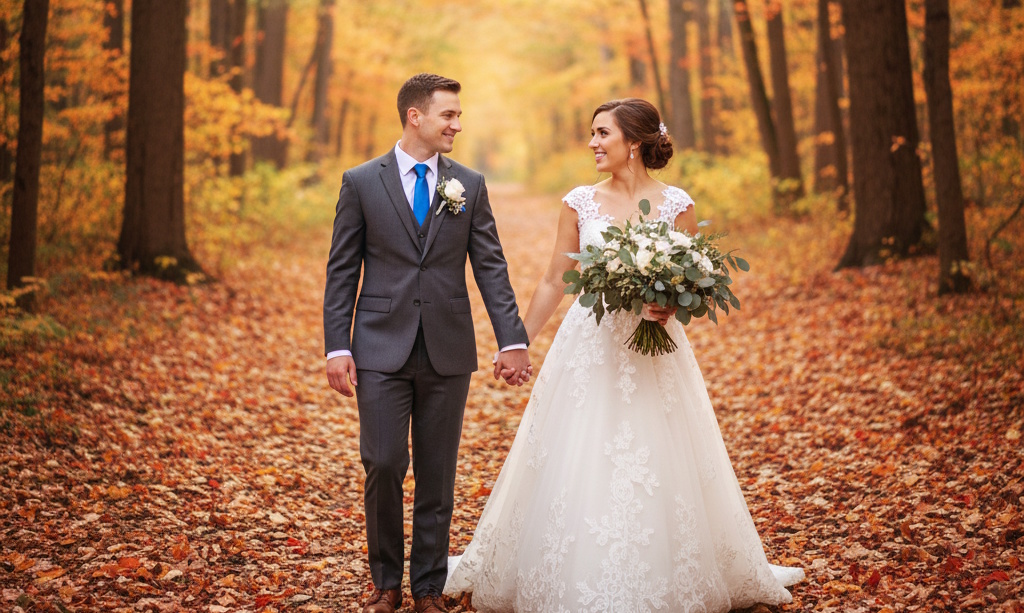 A male and female couple poses on their wedding day in a park